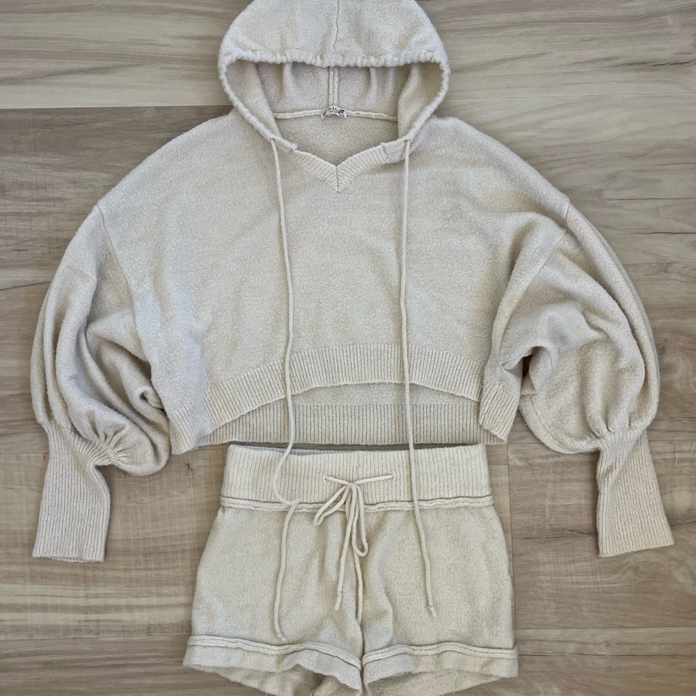 Free People Cream Hooded Lounge Set